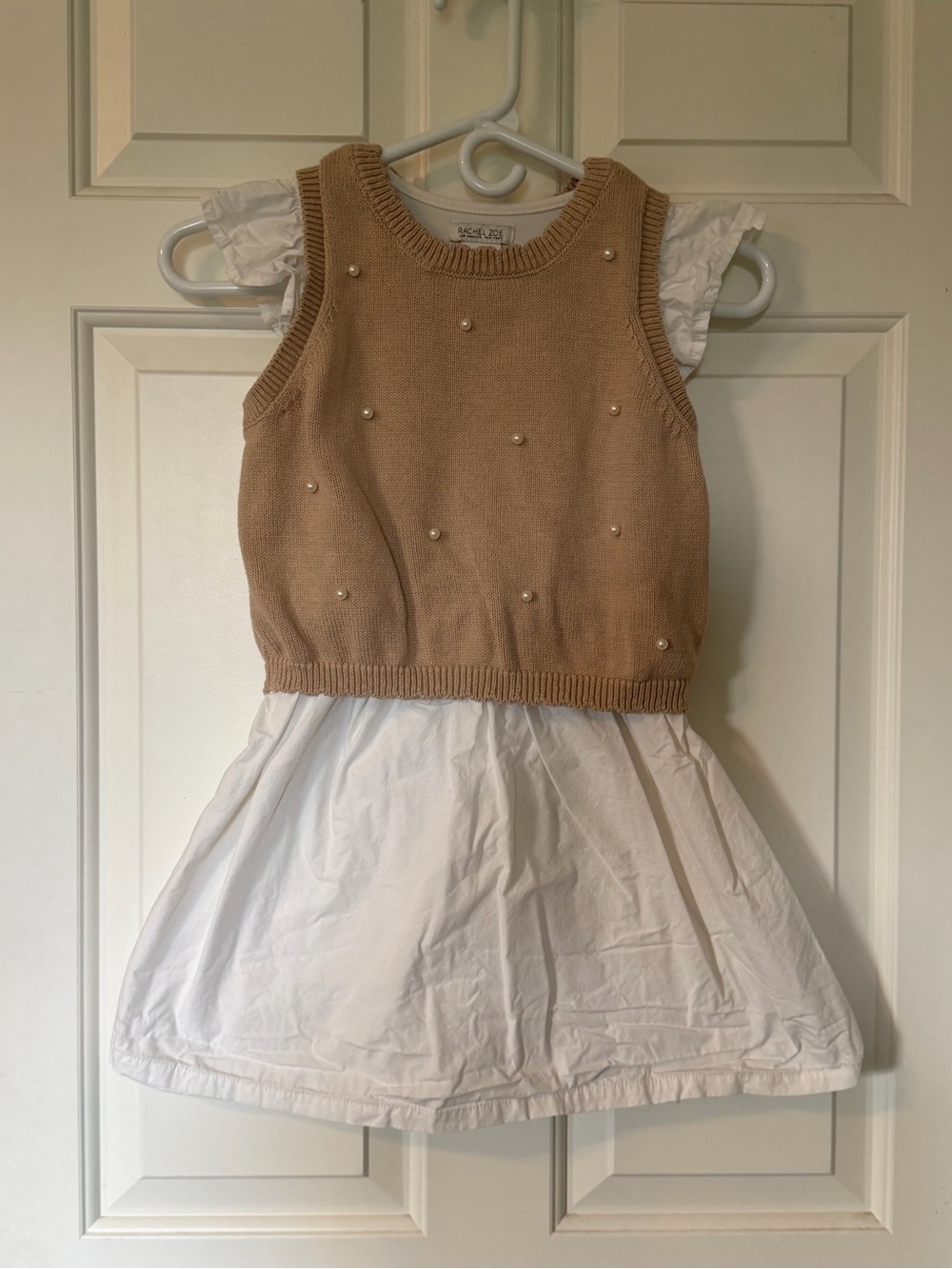 Rachel Zoe Beige Pearl-Embellished Knit Vest and White Dress